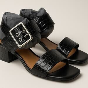 Donald J. Pliner Vixi Block Heel Sandal Black Crocco Patent Leather Womens Sz 8